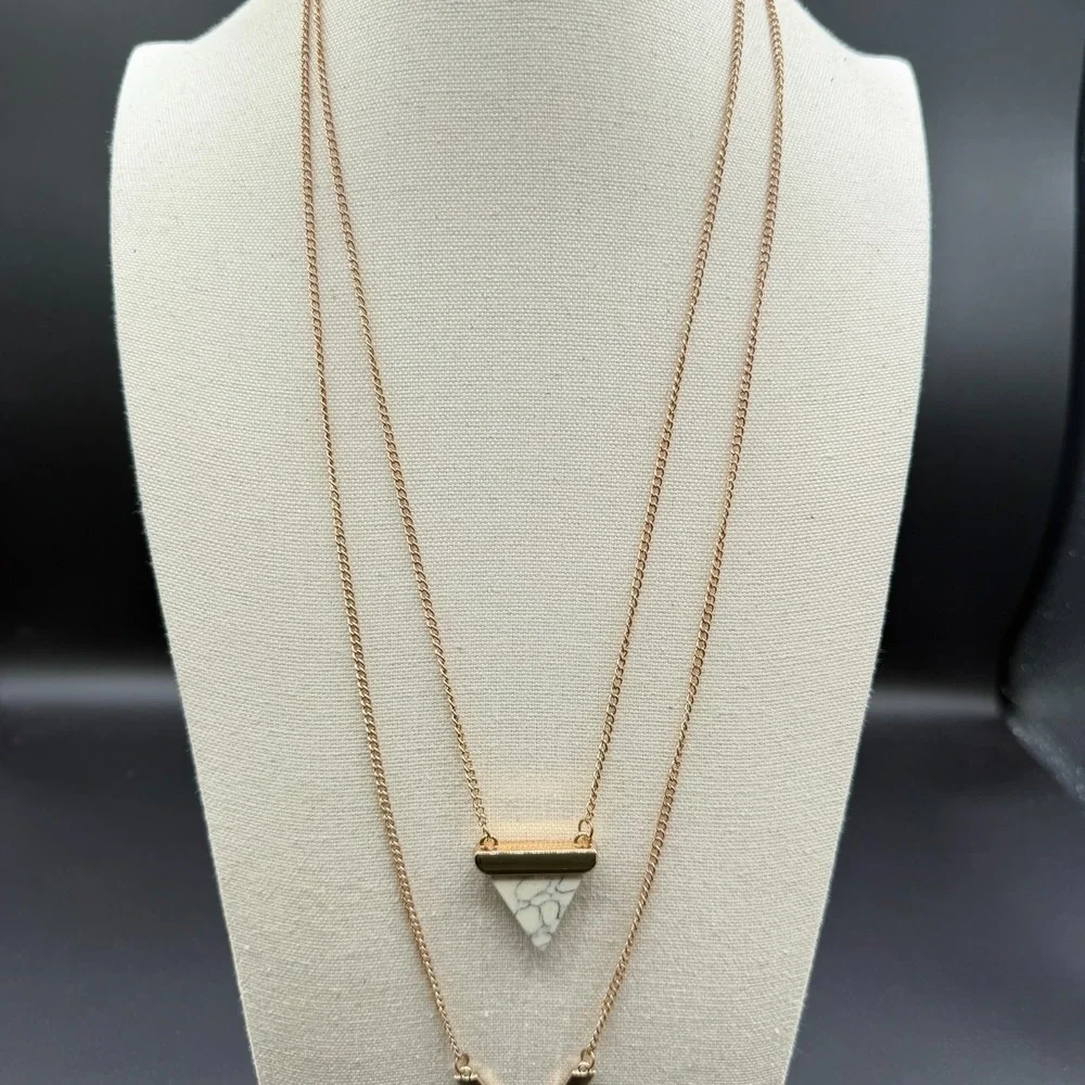 Rose Gold Tone Layered Necklace White Stone Triangle V Pendant Boho Statement